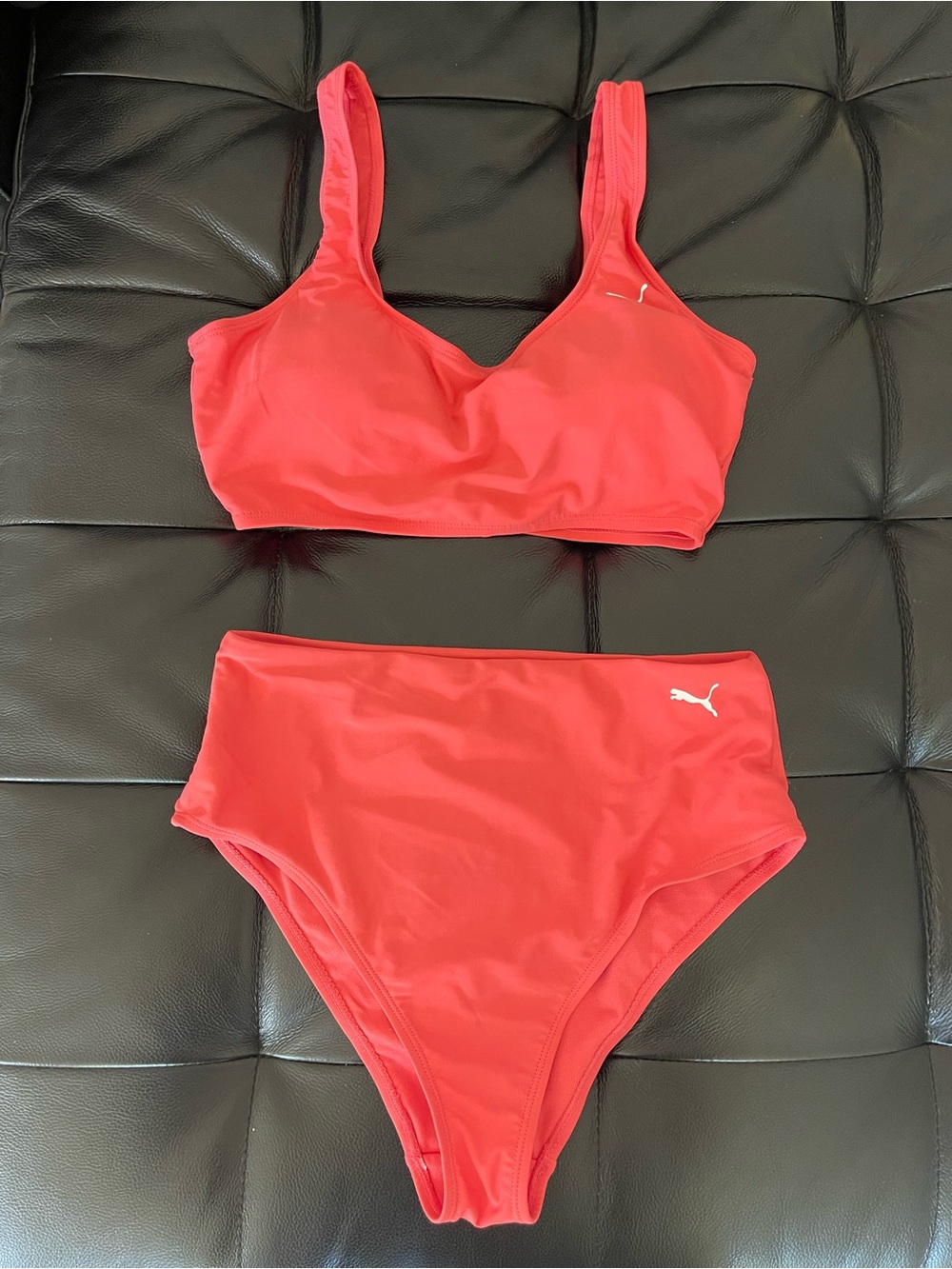 PUMA Crop Bikini Top & High Waist Bottom Swimsuit Set Size M Corral Red